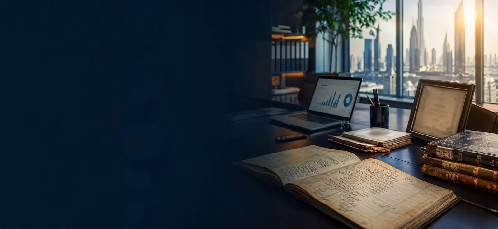 Historic accounting ledgers and modern finance dashboard in a Dubai office