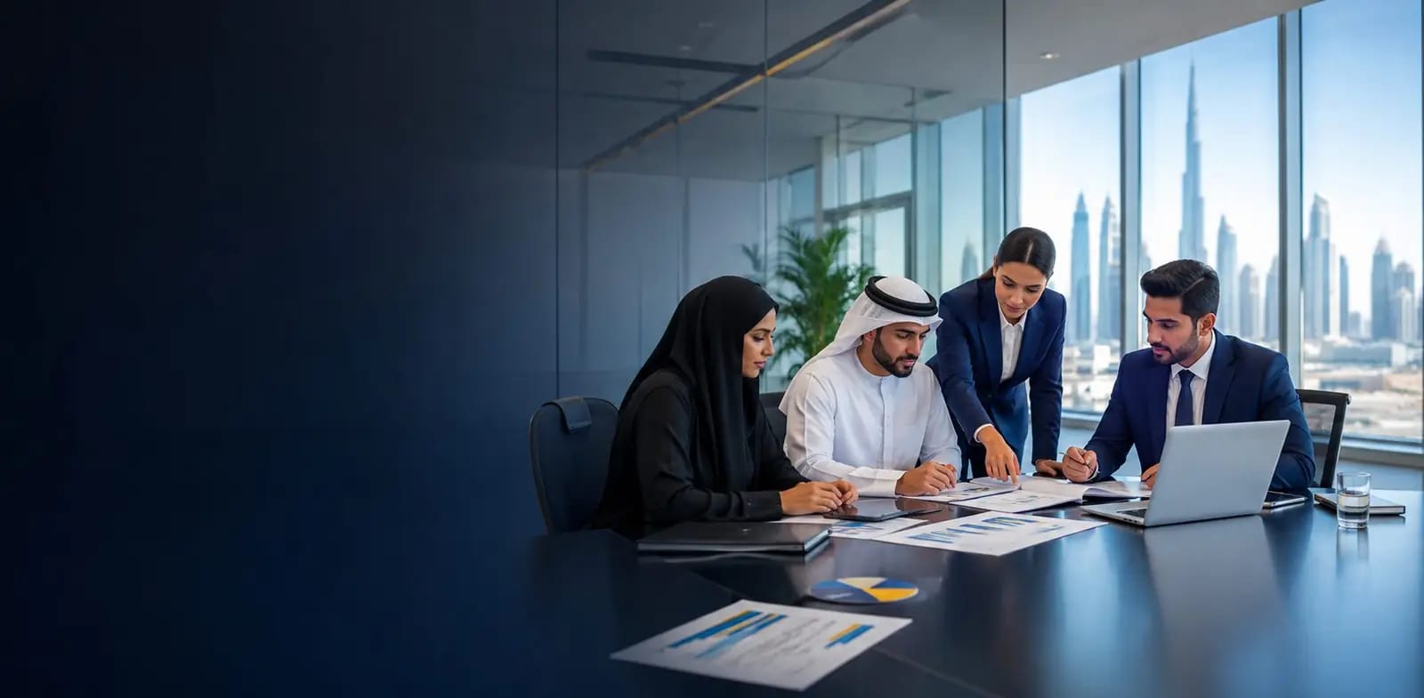Finance team reviewing accounting reports in a modern UAE office